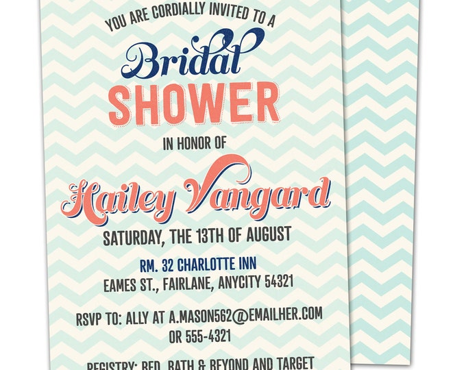 Vintage Chic Bridal Shower Invitation, Baby Shower Invitation - Printable Card in Turquoise, Coral and Navy Blue.