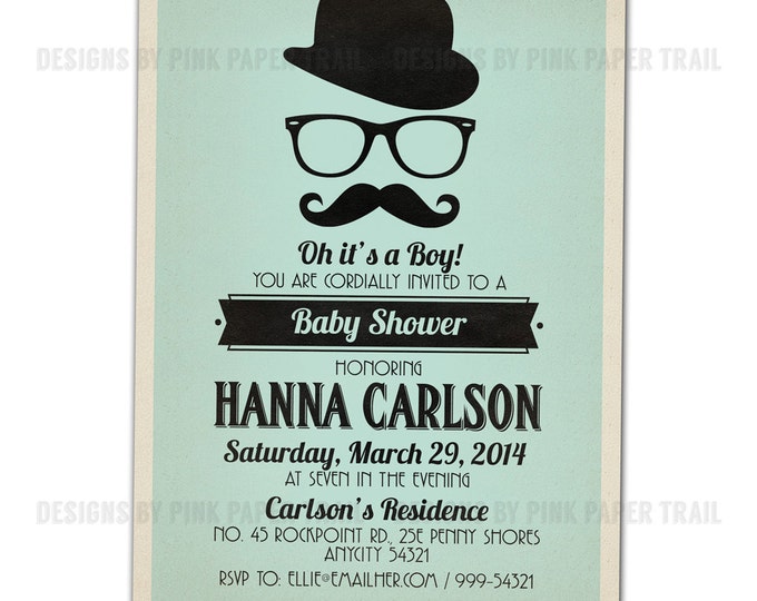 Retro Hipster Mustache Bash Invitation v.2, I will customize for you, Print your own