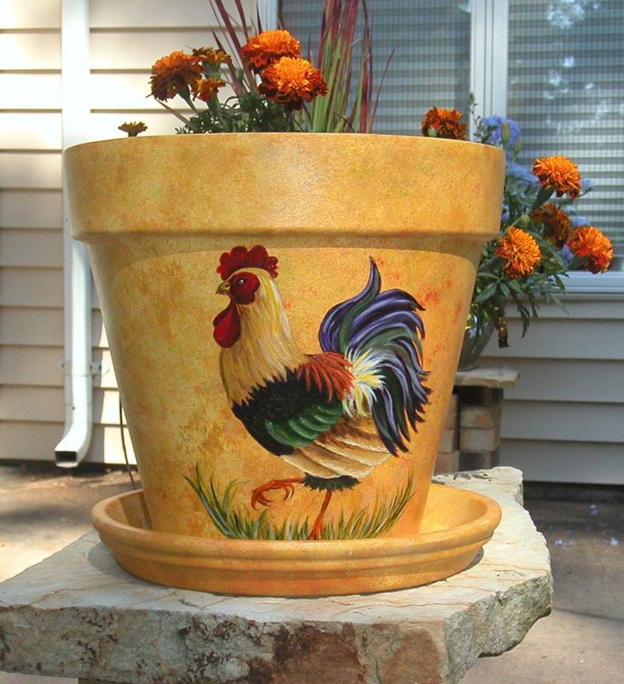 Painted Terracotta Flower Pot / Chicken by SmallTownTraditions