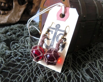 Miniature Fishing Float Earrings - Crimson Red, Dark Brown Rope - OOAK 