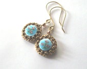 Upcycled Guilloche Enamel Earrings, Glass Enamel with Roses, Dangle