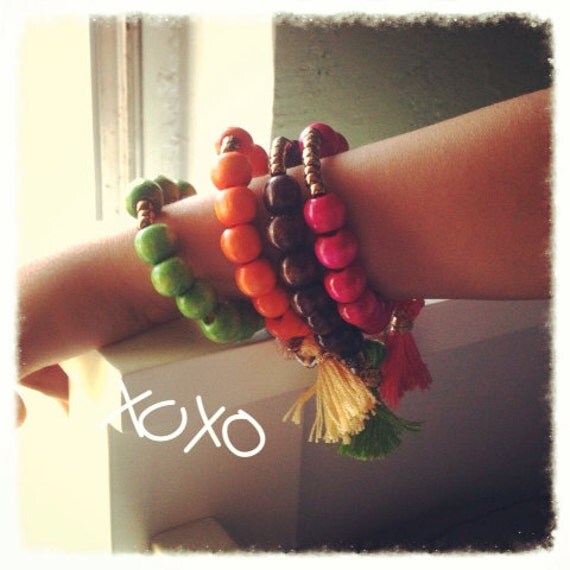 Girl friendship bracelet/ orange wooden bead bracelet with apple charm/ charm bracelet