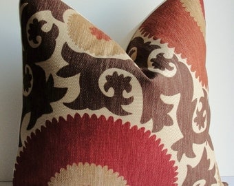 Designer Fahri Suzani Brown rust red tan Decorative pillow cover, bulls eye scroll Throw pillow accent square