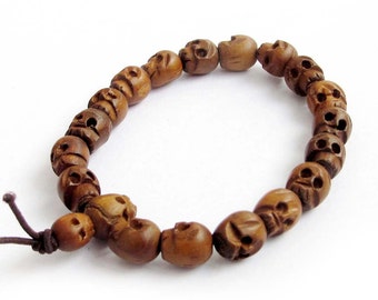 10mm x 8mm Jujube Wood Carved Skull Beaded Hand String Prayer Beads Tibet Buddhist Mala Bracelet T2597