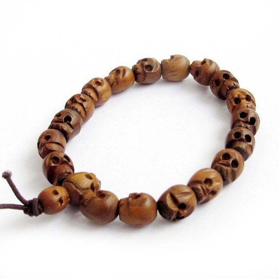 10mm x 8mm Jujube Wood Carved Skull Beaded Hand String Prayer Beads Tibet Buddhist Mala Bracelet  T2597