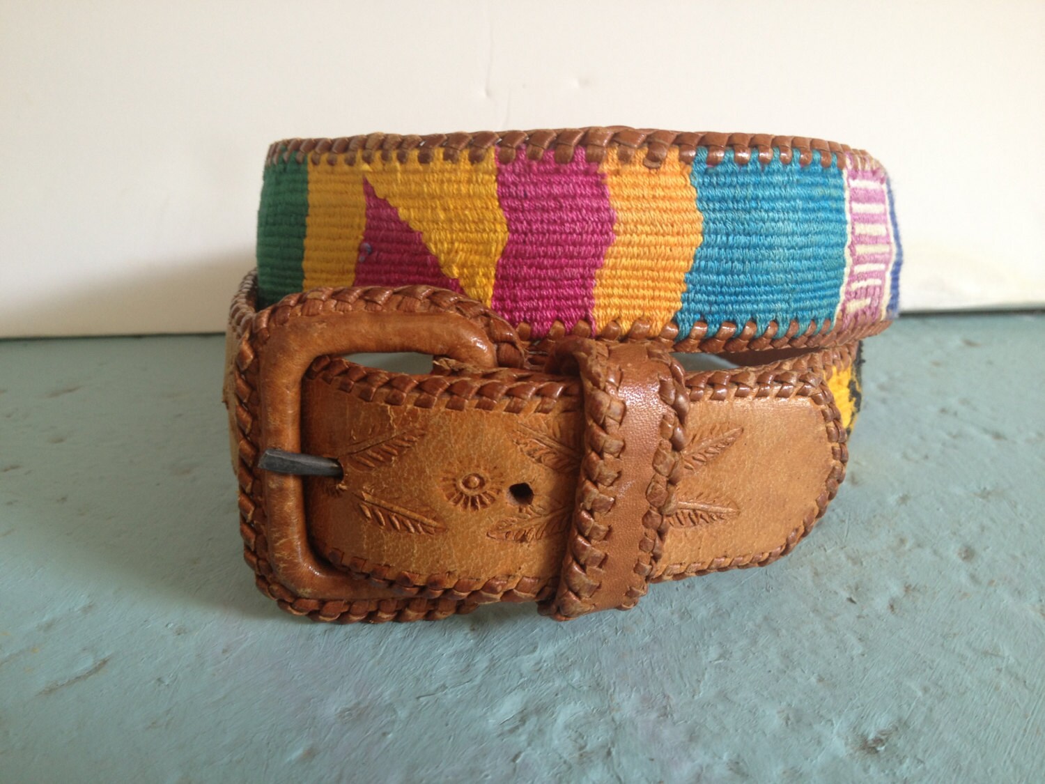 Vintage Mexican Embroidered Leather Belt by VintageCrazed1975