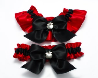 Wedding garters - bridal garters - red and black garters with apple charms - red teacher garters - red garters - red and black satin garters