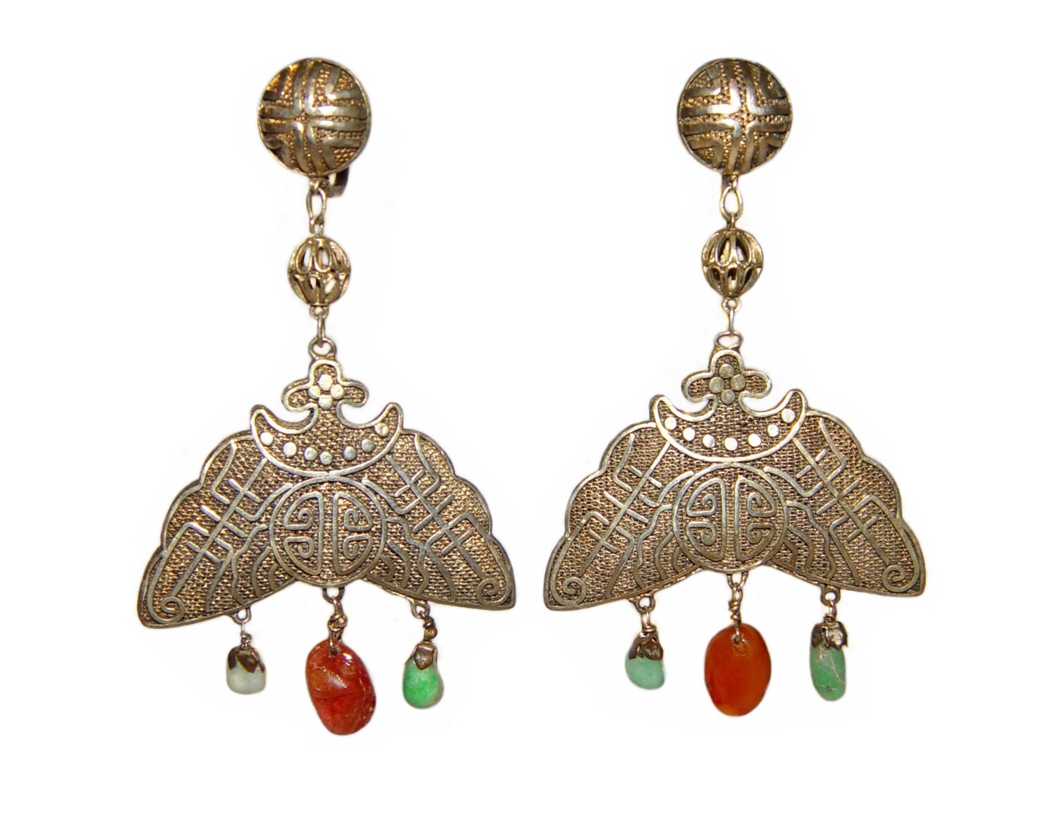 Antique Chinese Silver Earrings Jade and Carnelian Art Deco