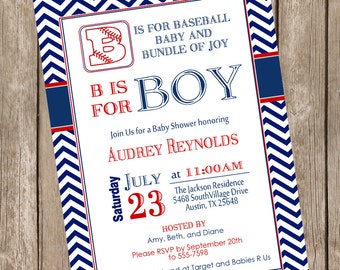 Boy Baseball baby shower invitation, red, navy, chevron, vintage, typography, baseball, printable invitation