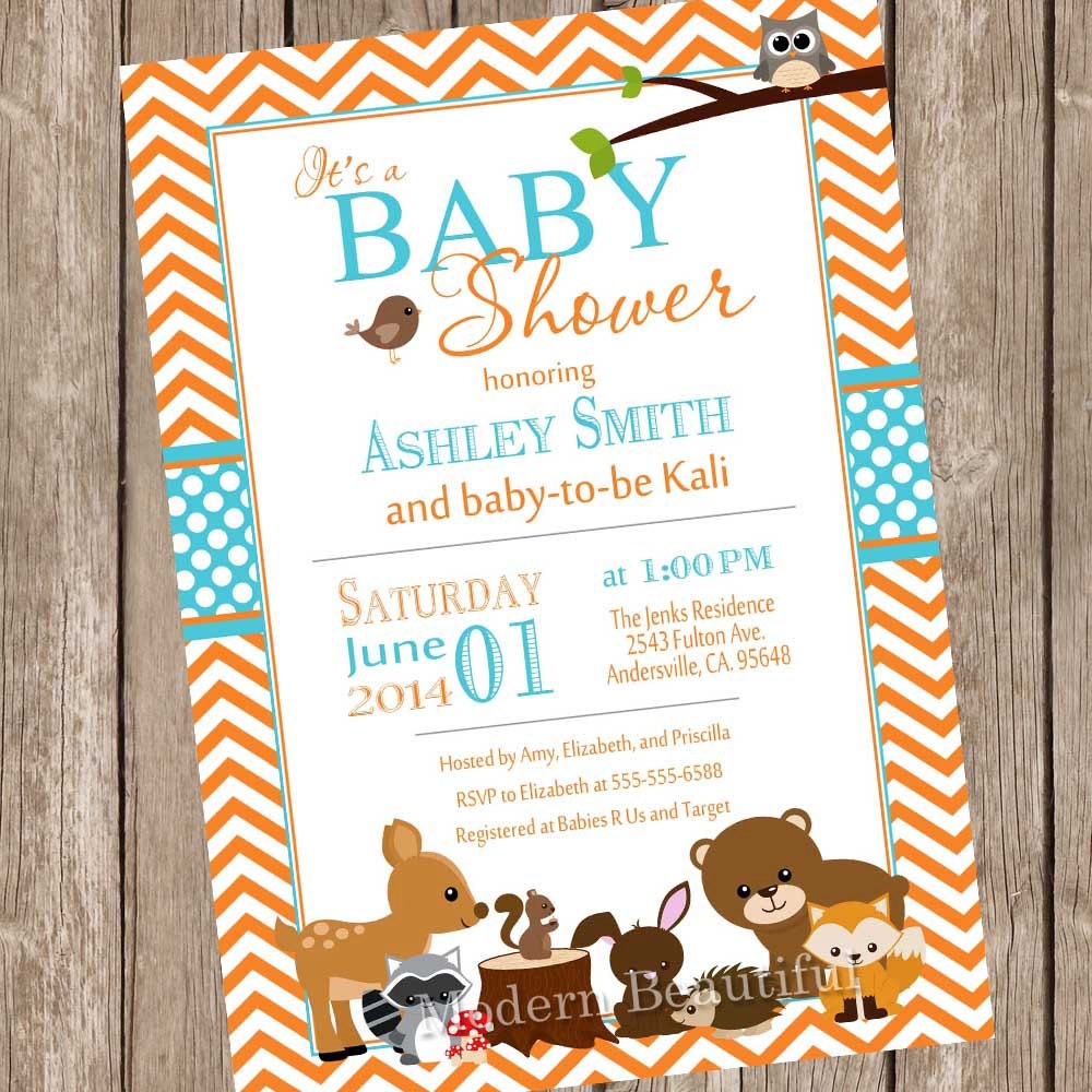 Woodland Forest Baby Shower Invitation orange teal aqua