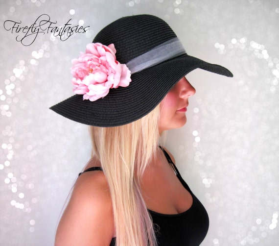 Pretty in Pink Black Floppy Hat with flower Kentucky Derby