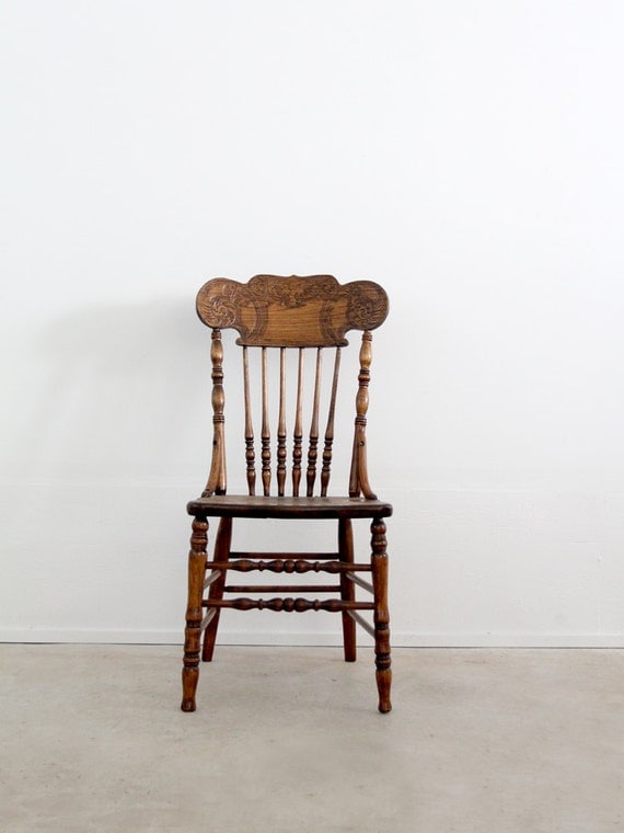 antique press back wood chair / spindle dining chair