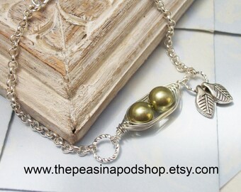peas in a pod, two peas in a pod Silver Bracelet, friendship bracelet, sisters bracelet, mothers bracelet, Choose Your Color