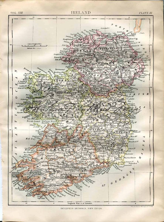 Items similar to Antique Map of ireland United Kingdom Dublin Kilkenny ...