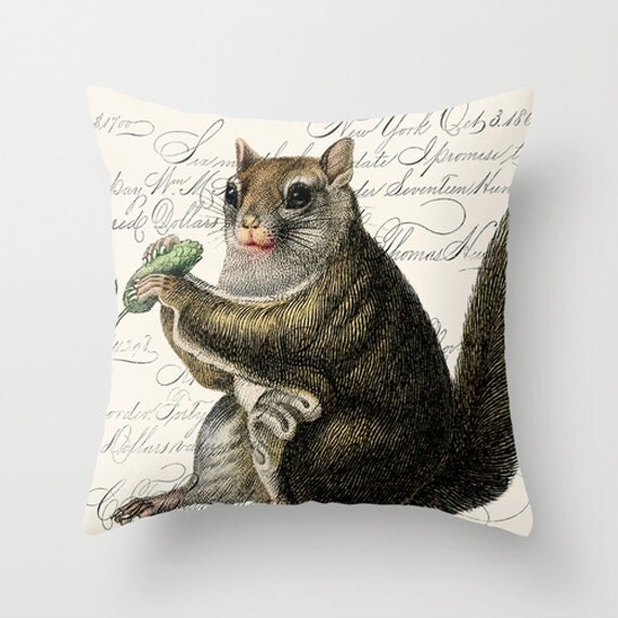 Items similar to Throw Pillow Cover - Fat Cute Squirrel on Vintage Ephemera - 16x16, 18x18 ...