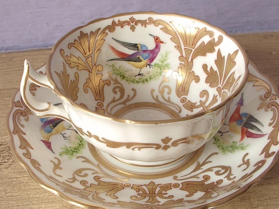 Antique 1890's Sutherland Victorian tea cup set, bird tea cup and saucer, gold and white china tea cup set, English tea set, antique tea cup