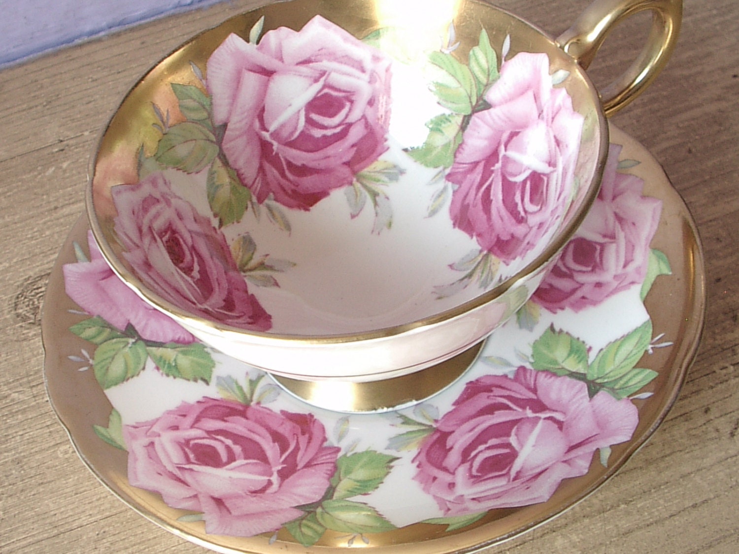 Antique Aynsley pink roses tea cup set gold tea by ShoponSherman
