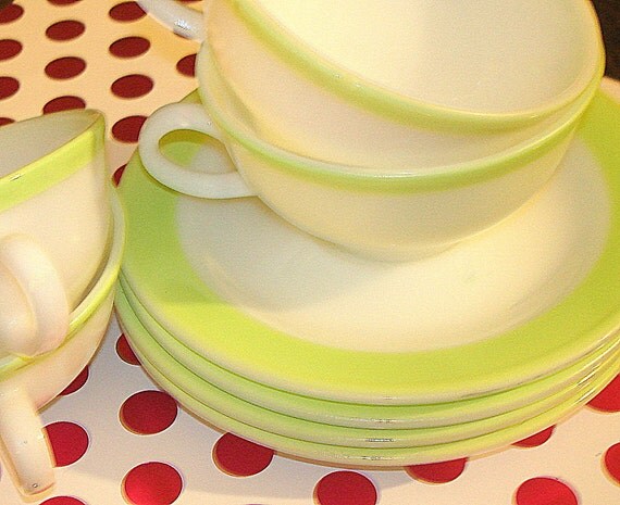 Antique to & cups Green  pyrex Age Saucers Sets Vintage Lime Cups saucers  vintage  and Border Pyrex