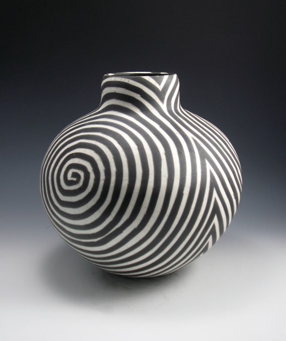 Raku Vase Black and White Swirl Pattern Design Wheel Thrown Etsy
