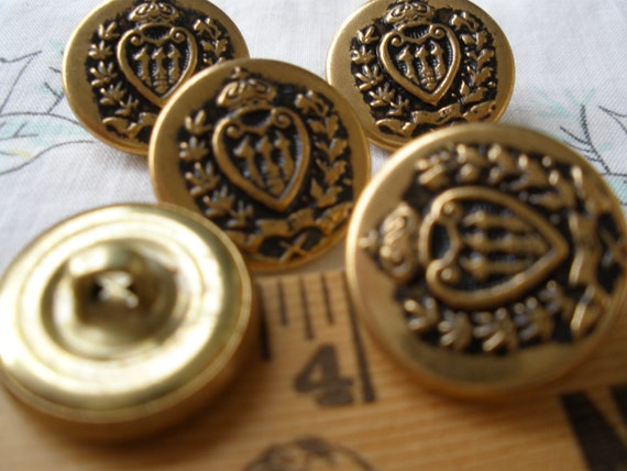 Download Items similar to Vintage Metal Coat of Arms Buttons 5 Crown & Heart antique brass color shank ...