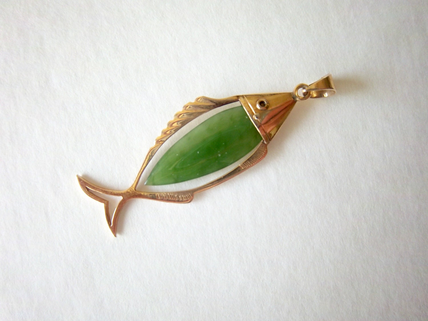 Vintage 14k Yellow Gold Jade Fish Pendant Charm by StateofVintage