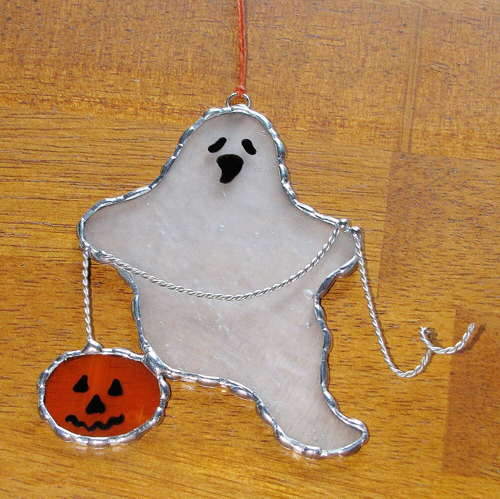 Stained Glass Suncatcher Halloween Spooky Ghost with Pumpkin