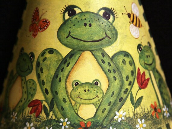 Hand Painted Folk Art  Night Light - Spring Frogs, Flowers, Butterfly, Bee, Original Design