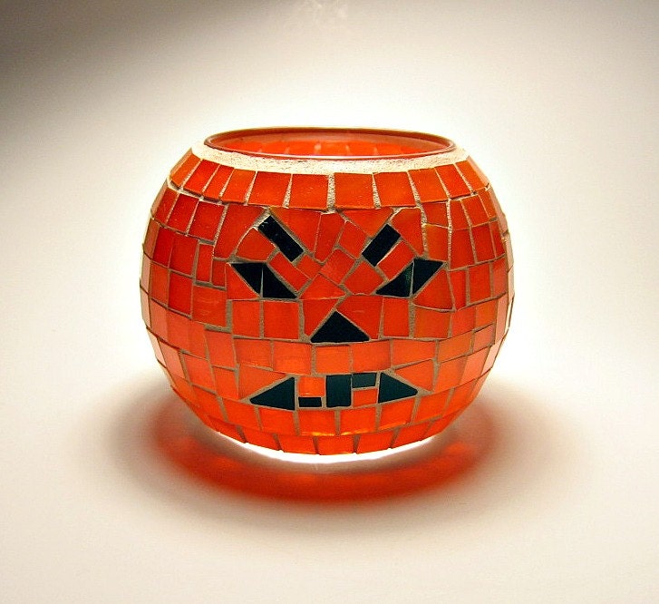 Stained glass mosaic candle holder jack o lantern pumpkin