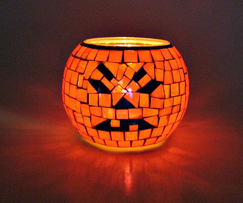 Stained glass mosaic candle holder jack o lantern pumpkin