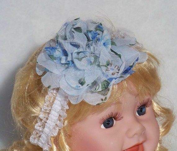 456 New baby headband fabric 851 Baby Headband / Blue Floral / Fabric Flower & Tulle / Photo Prop   