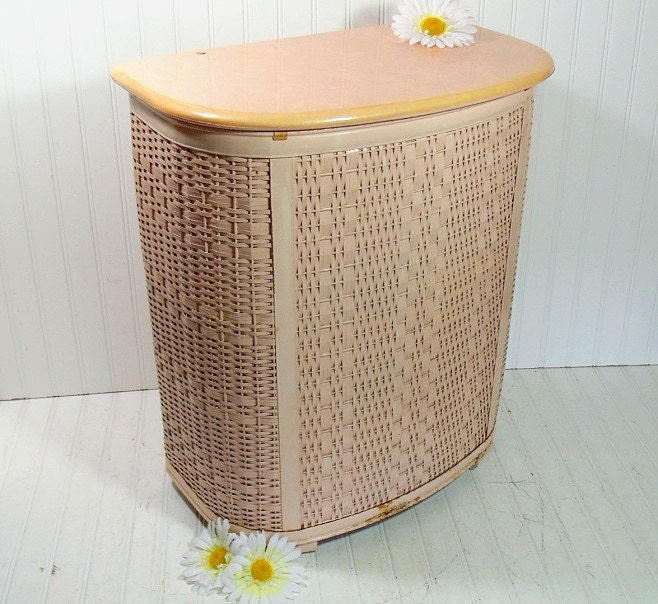 Vintage OverSized Salmon Pink Wicker Clothes Hamper Retro