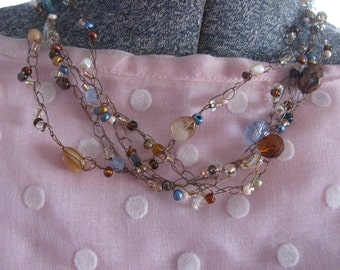 Blue and Brown Assorted Beads Crocheted Necklace