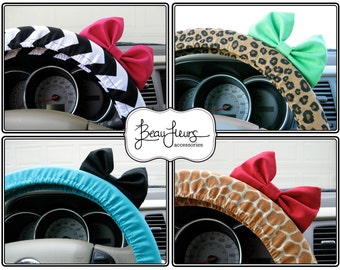 Steering Wheel Cover Bow - You Choose - Custom Steering Wheel Cover with Bow, Chevron, Animal Print, Cheetah, Pattern Steering Wheel BF11003