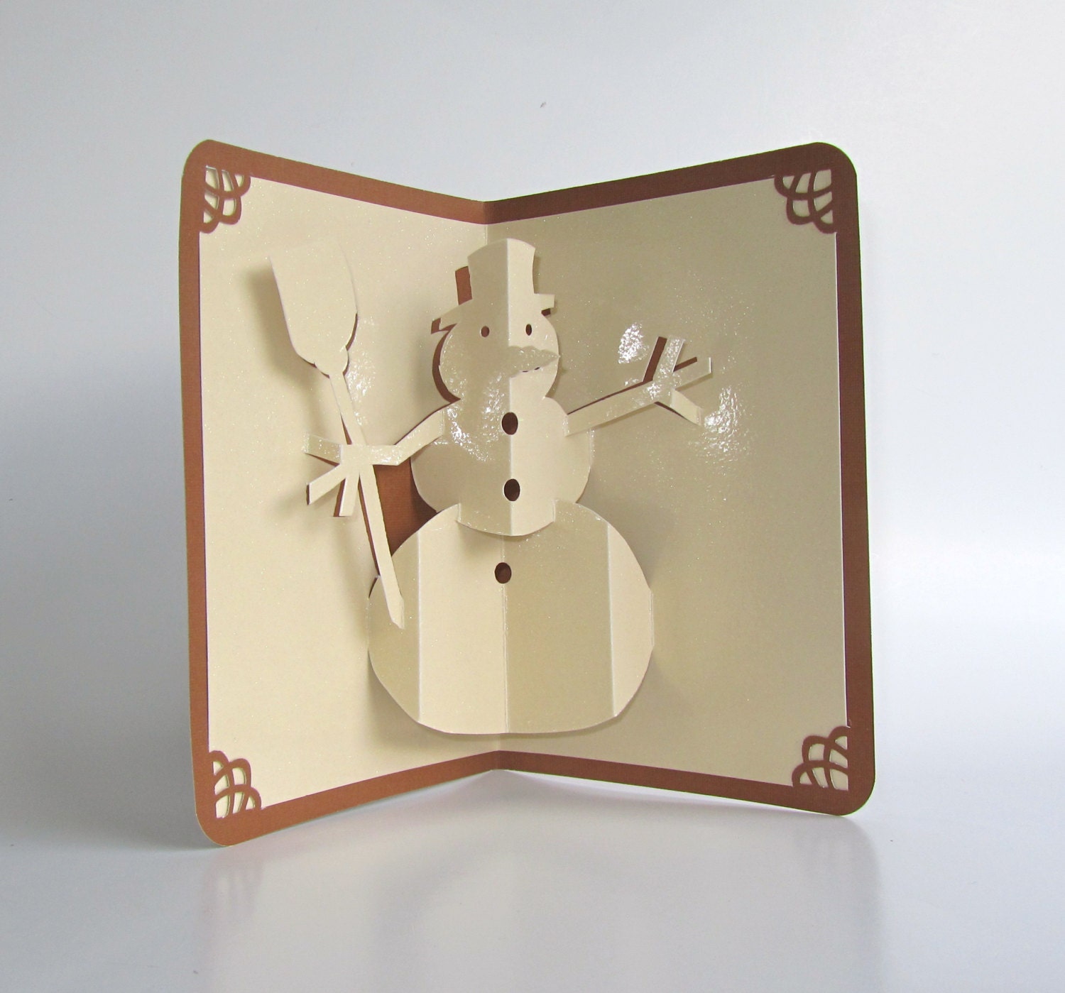 SNOWMAN 3D Pop Up CHRISTMAS Greeting CARD in Shimmery Sparkling Sand Beige on Metallic Brown Home Décor Handmade Origamic Architecture OOaK