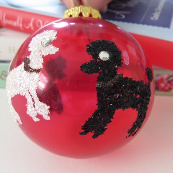 Vintage Christmas Poodles Ornament Red Glass Black and