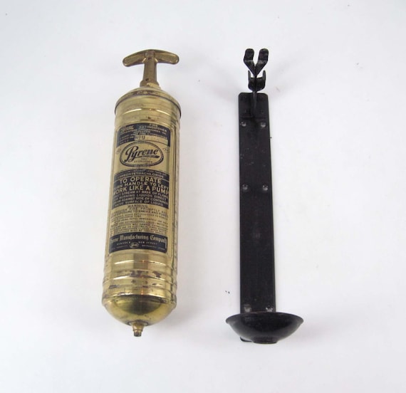 Vintage Brass Fire Extinguisher with Mounting Bracket Pyrene
