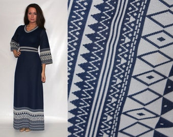 70s SOUTHWESTERN AZTEC Chevron Geometric Harlequin Navy Blue White Maxi Dress Long Bell Sleeve Angel 1970s Women's Small Vintage Boho