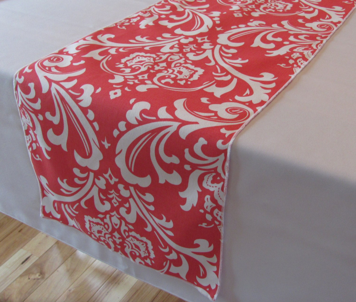 Coral and White Damask table runner 12 x 72