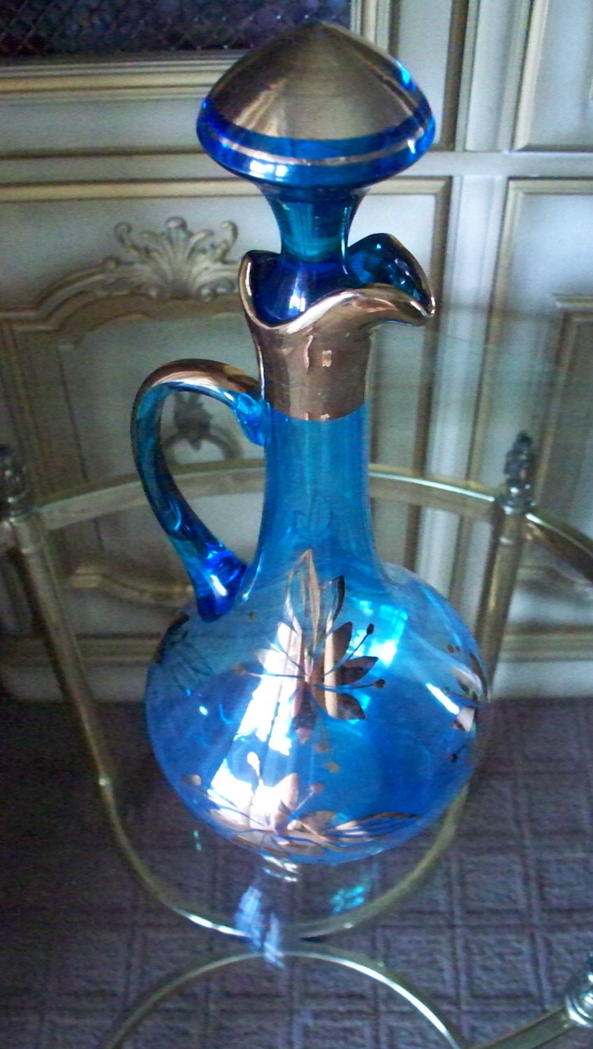 Bohemian Glass Decanter Barware Sky Blue Ocean by vintagesouthwest