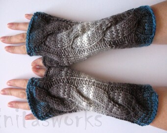 Fingerless Gloves Gray Black White Blue Arm Warmers Knit Soft