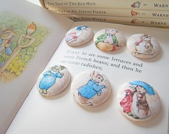 Peter Rabbit Beatrix Potter fabric button fridge magnet set of 6 Benjamin Bunny, Jemima Puddleduck, Tom Kitten, Pigling Bland home gift.