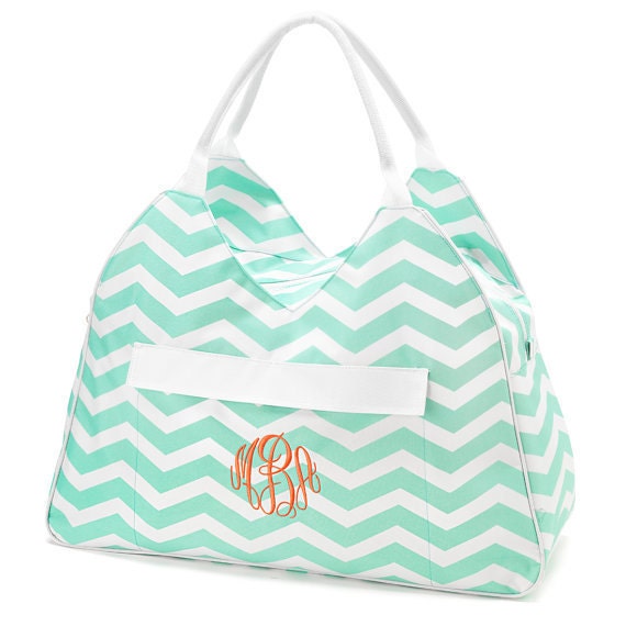 Monogrammed Large Mint Chevron beach bag tote, personalized gift for ...