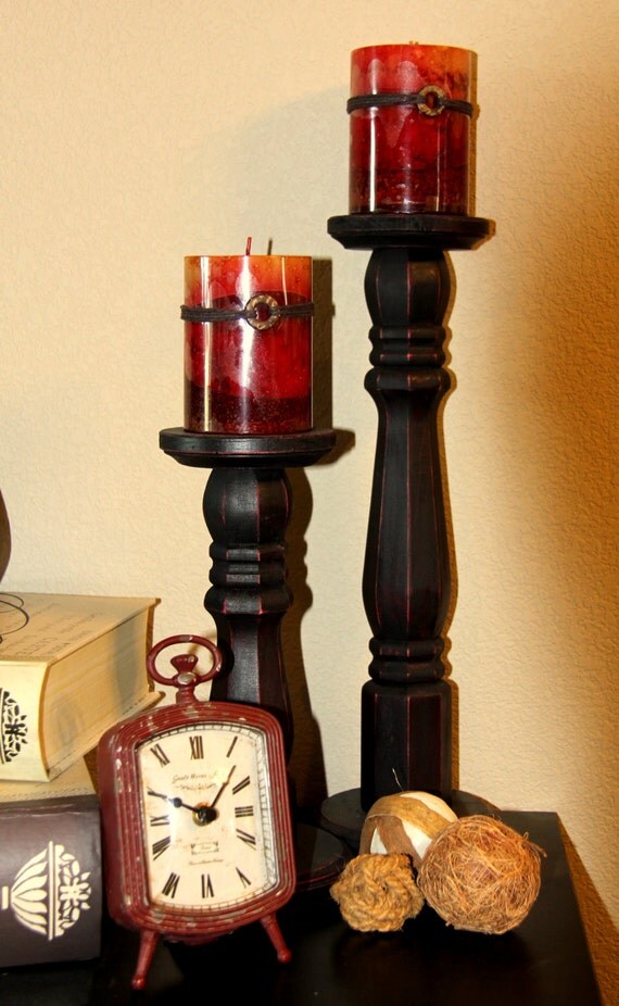 Distressed Wood Pillar Candle holders Set of two Tall