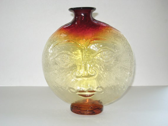 glass oval design ice Sun Pillow Tangerine Wayne or Vase  Face Moon  Blenko  Amberina  Vase