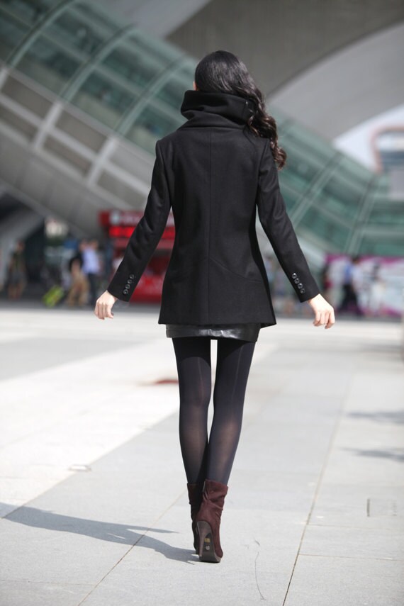 Wine Red High Collar Jacket Winter Wool Women by Sophiaclothing