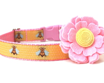 Girl Dog Collar Pink and Yellow Bumble Bee Dog Collar 1" or 3/4"