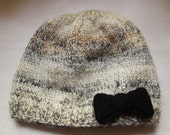 Cream-grey-brown chunky pull on hat with black bow - One of a Kind - one size