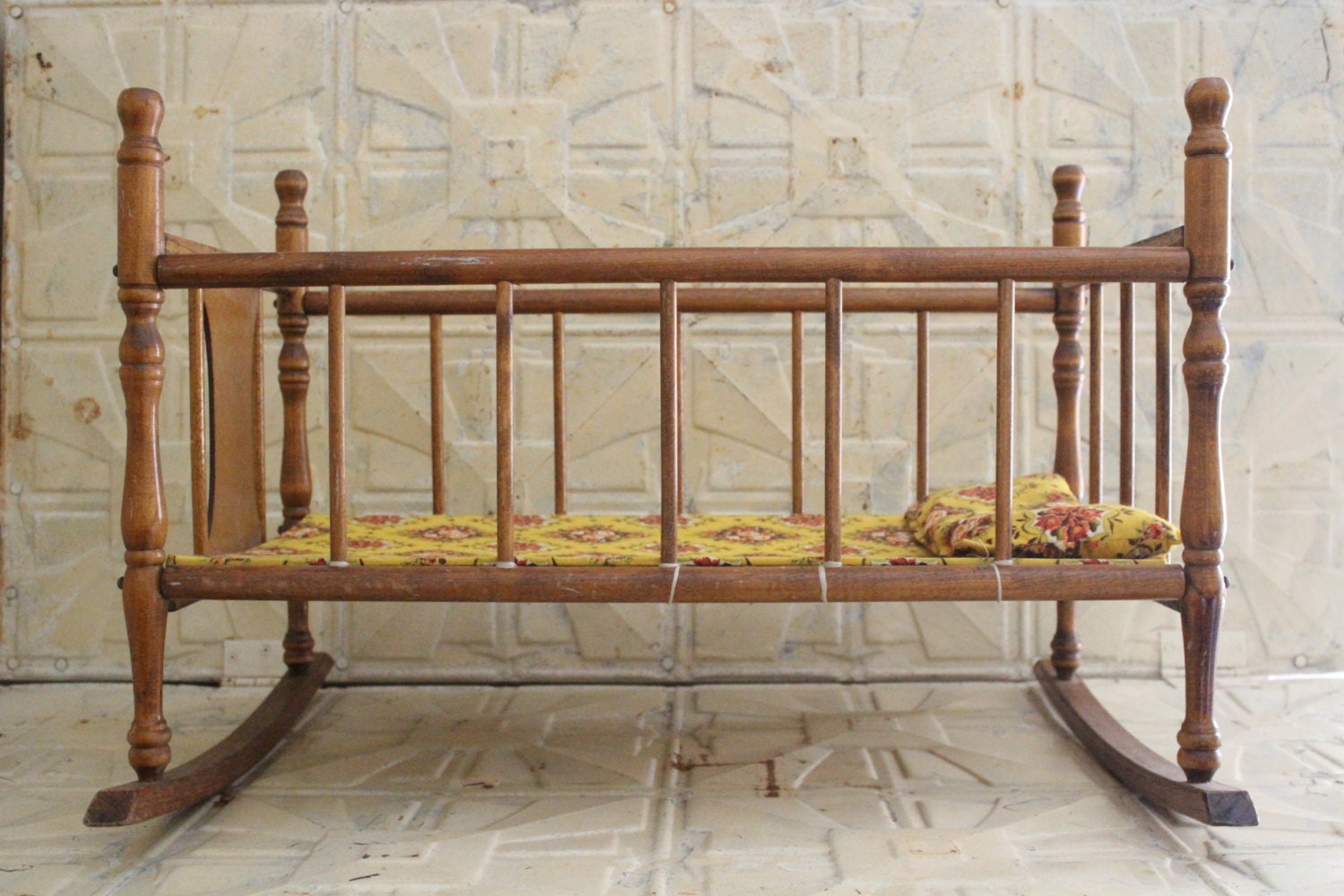 Vintage Cass Toys Wooden Rocking Doll Crib Bed