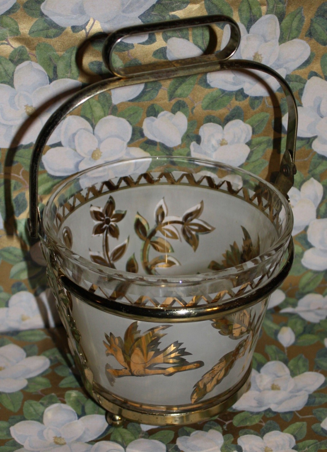 Vintage Libbey Ice Bucket & LId Frosted / Gold Accents