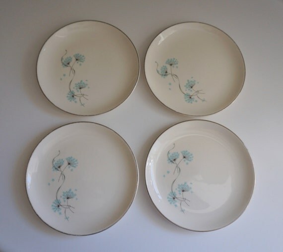 Set of 4 Vintage Dessert Plates with Turquoise Blue Flowers